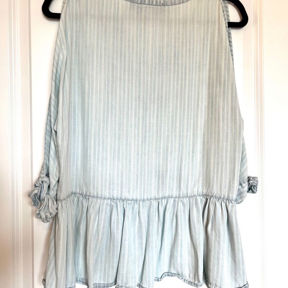 Francesca’s Open Shoulder Striped Peplum Top, Light Blue/White - Picture 3 of 5